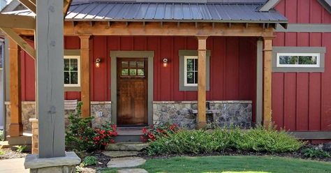 A lakeview country home provides plenty of farmhouse touches and rustic accents Red Ranch House, Cabin Compound, Red House Exterior, Cabin Colors, Window Framing, Red Houses, Custom Farmhouse, Red Farmhouse, Country Lane