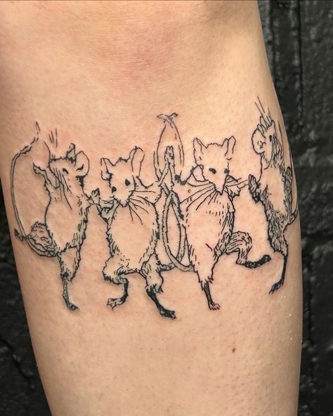 🐀Dancing mice for sweet Gwyn🪇 • So happy these little guys found their forever home !! • I'm thinking of doing some Tale of Desperaux flash in the future 🫣 • Ty for looking • #miceofinstagram #mousetattoo #illustrativetattoo #bloomingtonindiana #chicagoartist #blacktattooartist #linearttattoo Mouse Skeleton Tattoo, Dancing Rats Tattoo, Dancing Mice Tattoo, Mole Tattoo Animal, Despereaux Tattoo, Rat Dancing, Secret Of Nimh Tattoo, Rat Tattoo Cute, Rat Tattoo Simple