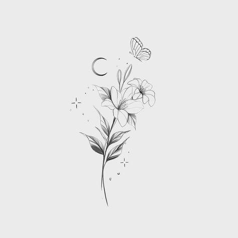 Flower And Birds Tattoo, Flowers And Words Tattoo, Moonflower Tattoo Design, Lily With Butterfly Tattoo, Butterfly Landing On Flower Tattoo, Flowers And Moon Tattoo, Butterfly And Daisy Tattoo, Fine Line Butterfly Tattoos, Moonflower Tattoo