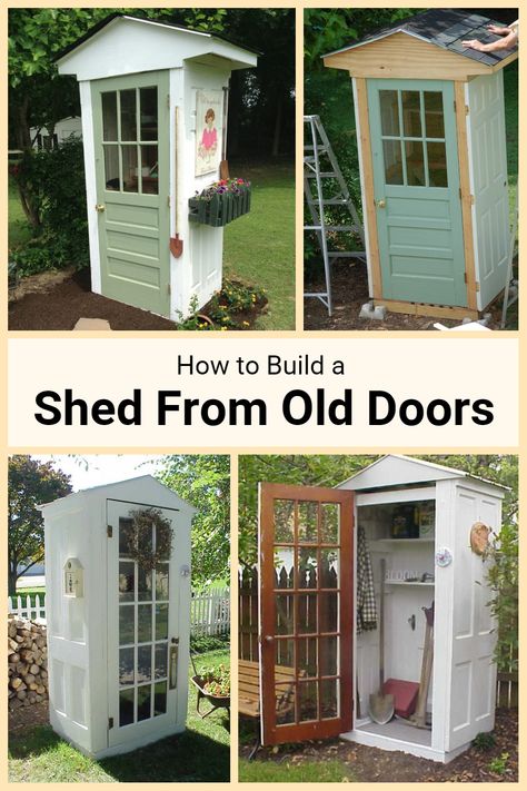 Garden Shed Made From Doors, Diy Garden Tool Storage Shed, Shed Made Of Doors, Small Potting Shed Diy, Shed From Old Doors, Small Garden Tool Shed, Small Garden Shed Ideas, Shed Exterior Ideas, Farmhouse Reno