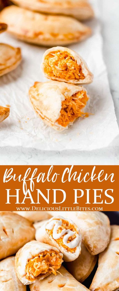 Cheesy Buffalo Chicken Hand Pies are a fun, easy way to enjoy this popular flavor. This savory hand pies recipe can be served as an appetizer, snack, or the main meal. | #handpies #savoryhandpies #chicken #buffalochicken #appetizers #tailgating #snacks