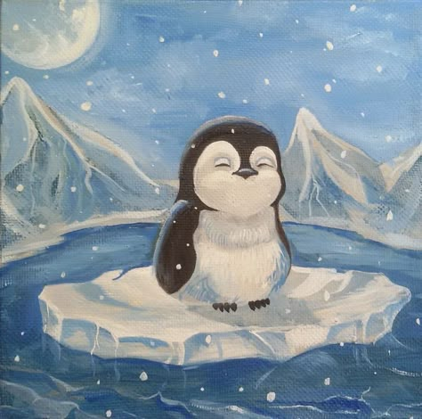 Easy Winter Canvas Painting, Winter Canvas Painting Ideas, Winter Canvas Painting, Kids Christmas Painting, Easy Christmas Paintings, Penguin Painting, Winter Paintings, Wall Drawings, Christmas Window Painting