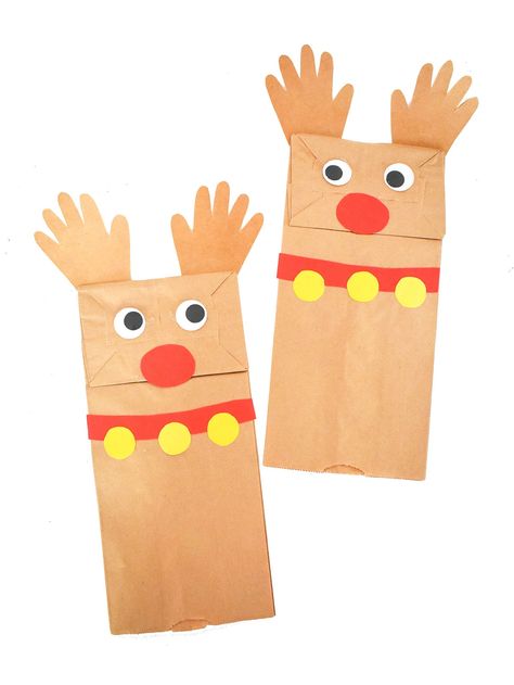 Paper Bag Handprint Reindeer Craft - Kids Activity Zone Paper Bag Reindeer, Handprint Reindeer, Rudolph Crafts, Reindeer Handprint, Easy Christmas Craft, Easy Kid Activities, Paper Bag Crafts, Easy Holidays Crafts, Holiday Activities For Kids