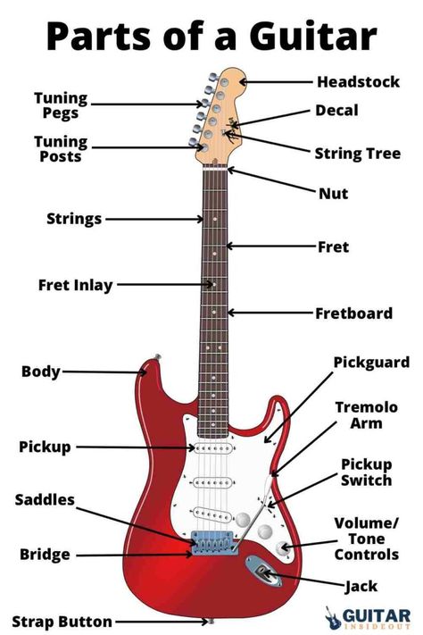 Anatomy Of A Guitar, Electric Guitar Anatomy, Guitar Music Theory For Beginners, Parts Of Guitar, Parts Of A Guitar, Electric Guitar Types, Electric Guitar Learning, Guitar Exercises For Beginners, Electric Guitar Tips