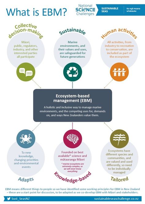 Looking at ecosystem-based management (EBM) - RESOURCE. The Sustainable Seas National Science Challenge’s vision is for New Zealand to have healthy marine ecosystems providing value for every New Zealander. It has seven research themes, and each theme supports the development of a new way to manage our marine environment called ecosystem-based management (EBM). Geography Revision, Nature Of Science, Study Info, Natural Resource Management, Artificial Reef, Environmental Management, Beach Clean Up, Waste Reduction, Save Our Oceans