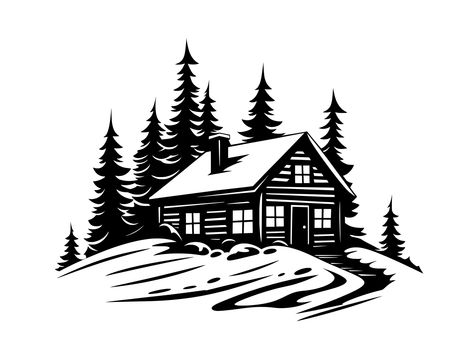 Free Cabin Svg Files For Cricut, Christmas Free Svg Files For Cricut, Cabin Silhouette, Cabin Svg, Cabin In Woods, Winter Silhouette, Snowy Cabin, Printable Clip Art, Creepy Christmas