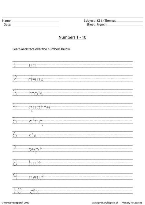 PrimaryLeap.co.uk - French numbers 1 - 10 Worksheet French Printable, French Numbers, Spanish Numbers, Spanish Worksheets, French Worksheets, Language Worksheets, French Classroom, Word Problem Worksheets, Primary Resources