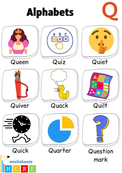 Alphabet Q Words with Pictures, Letter Q Vocabulary with Pictures - WorksheetsHere.com Q Words For Kids, Q Words, Question Quotes, Q Alphabet, Words List, Picture Table, Sound Words, American School, Letter N Words