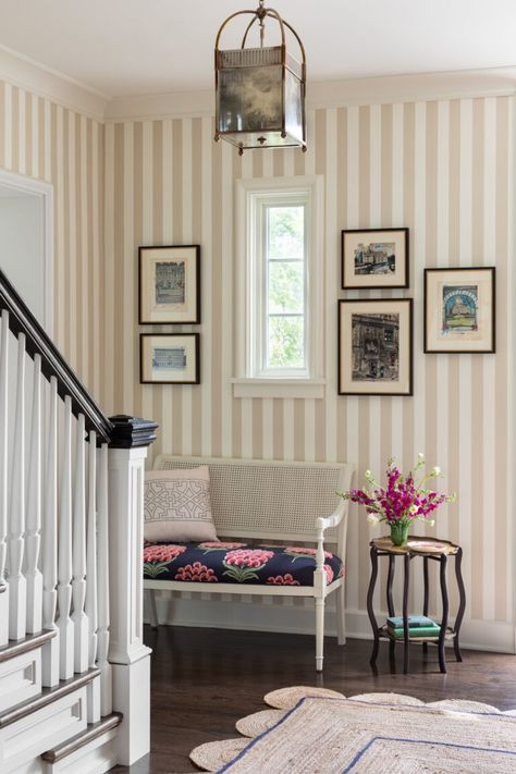 Striped Wallpaper Hallway, Grandmillennial Home, Boys Room Blue, Built In Window Seat, De Gournay Wallpaper, Window Bench Seat, English Interior, Chicago Design, Striped Walls