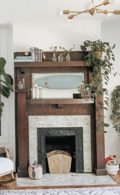 Vintage Farmhouse Fireplace, Historic Mantle, Antique Fireplace Mantle Ideas, Edwardian Fireplace Ideas, Vintage Fireplace Mantle Decor, Cottage Fireplace Mantel, Cottagecore Fireplace, False Fireplace, Offset Fireplace