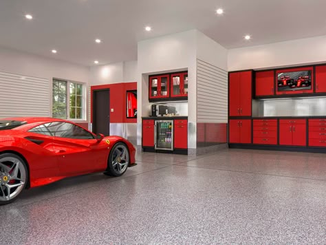 Garage Makeover Ideas | Garage Living Jacksonville Ferrari Garage Ideas, Garage Color Ideas Interior, White Garage Interior, Garage Interior Paint Colors, Custom Garage Ideas, Garage Color Ideas, Garage Makeover Ideas, Ferrari Garage, Red Garage