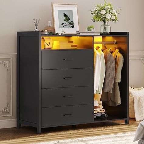 Amazon.com: VIAGDO Dresser for Bedroom with Clothes Rail, Chest of 4 Drawers with LED Lights, Modern Black Dresser with Open Storage Space for Bedroom Entryway, Large Capacity : Home & Kitchen Modern Black Dresser, Black Chest Of Drawers, Chest Of Drawers Design, Dresser Tv Stand, Dresser With Tv, Black Dresser, Black Dressers, Modern Storage Cabinet, Dresser For Bedroom