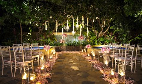 Garden spa ceremony at Aulani- exactly this.  soft and lovely. Aulani Wedding, Oahu Wedding Venues, Candlelit Ceremony, Wedding Venues Hawaii, Aulani Resort, Hawaii Resorts, 2025 Wedding, Disney Fairy Tale Weddings, Oahu Wedding