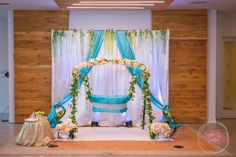 Cradle ceremony | CatchMyParty.com Name Ceremony, Simple Decoration Ideas, Baby Name Decorations, Cradle Decoration, Coral Wedding Decorations, Naming Ceremony Invitation, Naming Ceremony Decoration, Indian Baby Showers, Simple Stage Decorations