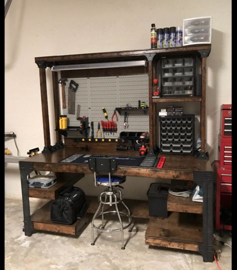 Garage Workshop Layout, Printer Storage, Gear Room, Electronic Workbench, Garage Workshop Organization, Workshop Layout, Shelving Storage, Tool Room, Wooden Garage