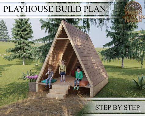 Backyard Pumptrack, Playhouse Plans Diy, A Frame Playhouse, Playhouse Plan, Modern Playhouse, Three House, Tree Deck, A Frame Cabin Plans, Playhouse Plans