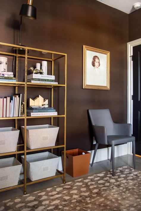 Velvet Ottomans, Brown Livingroom, Chocolate Brown Walls, Cranes Wallpaper, Antelope Rug, Brown Walls Living Room, Dark Brown Walls, Brown Paint Colors, Media Room Design