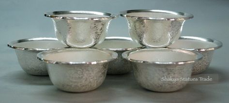 Bowls Prasadam Silver Bowls, Silver Bowls For Pooja, God Lakshmi, Silver Utensils, Black Dessert, Puja Items, Silver Articles, Silver Jewellry, Small Earrings Gold