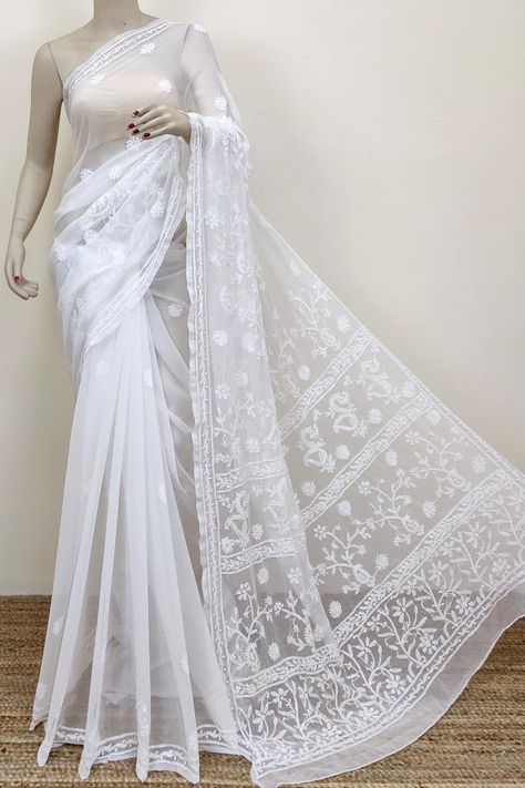 White Chikankari Saree, Lucknowi Chikankari Saree, Chikankari Saree, Half Sarees, Lucknowi Chikankari, Sarees Silk, Half And Half, Indian Dress, Saree With Blouse