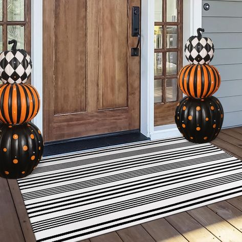 PRICES MAY VARY. Perfect Size: OJIA front door mats outdoor features the 51.18" x 23.62" ideal size, perfect to fit a common outdoor door mat for a double-layer effect, adding a different brilliance to your porch! Easy Care Washable Rugs: OJIA Black and white outdoor rug is easy to care for and can be machine washed. Machine wash in a gentle cycle and air dry. Gently pat or use a simple vacuum to quickly blow away dirt. Indoor/Outdoor Rugs: Resistant to outdoor elements and can keep its vibrant Fall Door Mats, Black And White Outdoor Rug, Stoop Decor, Outdoor Entryway Decor, Small Front Porch Decor, Front Porch Rug, Door Mats Outdoor, Striped Rugs, Porch Fall Decor