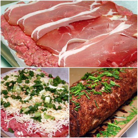 Want a bite? Make meatloaf and lay in a rectangle on wax paper. For the meatloaf, combine: 2 POUNDS GROUND BEEF PLUS 1-2 EGGS, 1/2C. BREAD CRUMBS, 3T. PARMESAN CHEESE, SALT, PEPPER. Then lay 6 slices ham or prosciutto on top. Top it off with lots of shredded mozzarella & provolone cheese, scallions, pine nuts! … Rolled Meatloaf, Provolone Recipes, Meatloaf Roll, Meatloaf Stuffed, Beef Meatloaf, Meat Rolls, Good Meatloaf Recipe, Best Meatloaf, Italian Foods