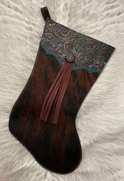 Leather Stockings Christmas, Cowboy Christmas Stocking, Cowhide Stockings Christmas, Leather Stocking Christmas, Leather Christmas Stocking, Leather Stocking, Native Christmas, Cowhide Christmas, Leather Ornaments