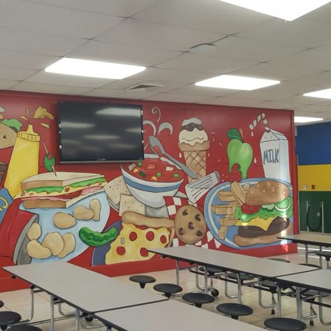 Lunchroom Wall Murals, School Canteen Design, School Entrance Ideas, Campus Cafeteria, Restaurant Wall Painting, Mural For School, Murals For School, Murals School, Elementary School Cafeteria