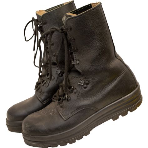 These Swiss quality leather boots are made for serious action. No matter what ugly conditions Mother Nature throws your way, you will feel confident knowing these thick leather boots will keep your feet dry. Perfect for hunting, camping, backpacking, security or law enforcement. Thick rubberized outsole with good traction. The Swiss Military has some of the best field equipment in the world. Used, good condition. Made in Switzerland. Genuine European Military Surplus Combat Boots Aesthetic, Walking Dead Clothes, Army Shoes, Quality Leather Boots, Old Boots, Army Boots, Swiss Military, Shoe Shine, Hunting Boots