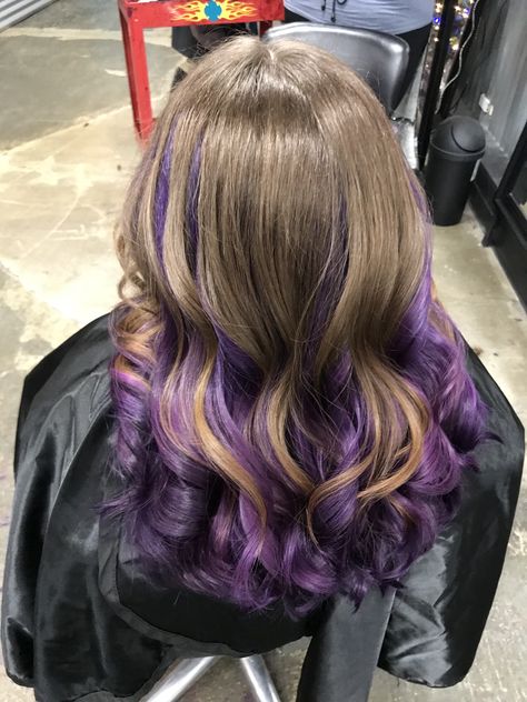 Purple hair, under panel. Pure love. Purple Panels In Hair, Purple Hair Bottom Half, Purple And Light Brown Hair, Light Brown And Purple Hair, Hair Underdye, Brown Hair Dyed Purple, Purple Halo Hair, Brown And Purple Hair, Purple Peekaboo Hair