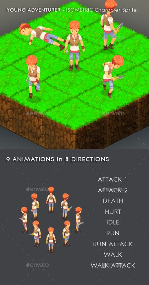 Animation Preview: https://www.youtube.com/watch?v=kFQaD803fdQYoung Adventurer Isometric Character Sprite For isometric Adventure Isometric Character Sprite, Isometric Character Design, Isometric Sprites, Top Down Character, Isometric Character, Samurai Games, Isometric Animation, Blog Template Design, Isometric Pixel