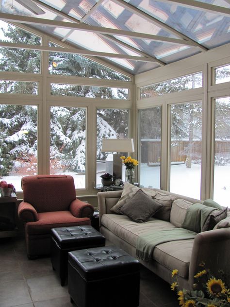 Winter sunroom all cozy. Glass roof cathedral in Alberta Sunroom At Night, Sunroom In Winter, Winter Terrace Ideas, Cozy Sunrooms, Prefab Sunroom, Winter Sunroom, Glass Sunroom Ideas, Winter Terrace, Sunroom Kits