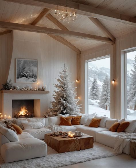 Winter Aesthetic Living Room, Minimal Christmas Decor Living Room, Snow Cottage Interior, House In Snow Aesthetic, Winter Aesthetic Indoors, Snowy Christmas Living Room, Sunroom Remodel, Dream Kitchens Design, Living Room Design Inspiration