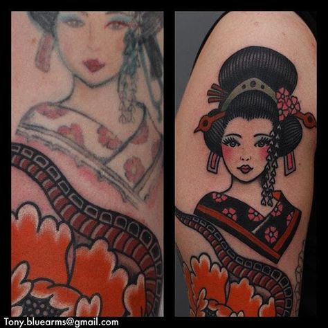 Traditional Girl Tattoo, Americana Tattoo, Traditional Girl, Geisha Tattoo, Girl Tattoo, Book Tattoo, Next Tattoo, Traditional Tattoos, S Tattoo