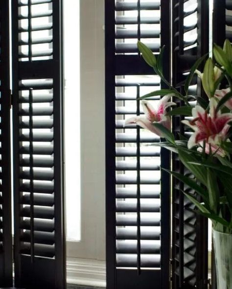 White House With Shutters Ideas, Black Interior Shutters, Loft Room Ideas, Kitchen Window Blinds, Modern Shutters, Shutters Living Room, Shutters Interior, Shutters Window, Best Bathroom Flooring