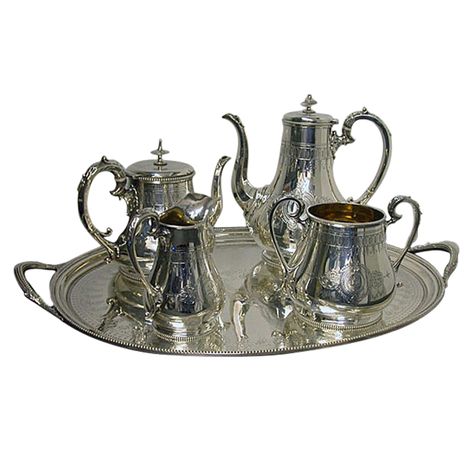 Antique English Silver Tea & Coffee Service & Tray 141ozs at 1stdibs Gorham Silver, French Tea, Silver Tea Set, Silver Plated Trays, Sugar Pot, Coffee Service, Silver Tea, Tea Tray, Tee Set