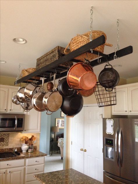 Ladder pot rack Hanging Pot Rack, Kitchen Logo, Pot Rack Hanging, Pan Rack, Bohemian Kitchen, Kitchen Decor Ideas, Hanging Rack, Rack Kitchen, Wooden Ladder