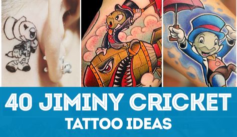 Huge list of ideas for Jiminy Cricket tattoo designs. Get inspired! This famous icon has become a popular tattoo theme for Disney fans. Jimney Cricket Tattoo, Cricket Tattoos, Jiminy Cricket Tattoo, Cricket Tattoo, Disney Sleeve Tattoos, About Cricket, Disney Sleeve, Tattoo Themes, Jiminy Cricket