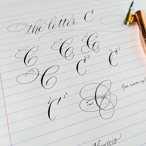 Here are several variations on the letter C that I hope you enjoy trying! Keep 'oval' in mind as you write the first several. The last C is… Calligraphy Inspiration, Calligraphy Lessons, Pointed Pen Calligraphy, The Letter C, Cursive Calligraphy, Calligraphy Drawing, Pretty Letters, Copperplate Calligraphy, Hand Lettering Drawing