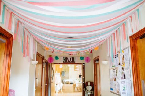 Hanging Ceiling Decor, Ceiling Streamers, Quirky Diy, Origami Garland, Simple Jewerly, Streamer Decorations, Crepe Streamers, Village Hall Wedding, Wedding Whimsical