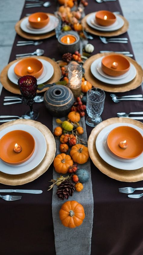 Create a captivating fall table settings blog post featuring autumn rustic elegant wedding ideas decor round table dollar tree finds autumn dinner dining room beautiful and casual inspiration Explore the warmth and charm of fall with stunning table decor and design tips Thanksgiving Table Settings Black Tablecloth, Thanksgiving Table Settings Brown Table Cloth, Autumn Table Settings, Orange Table Cloth Thanksgiving, Elegant Family Finner Table Setting For Thanksgiving, Thanksgiving Table Settibg Black Plates, Table Settings Ideas, Autumn Dinner, Elegant Wedding Ideas