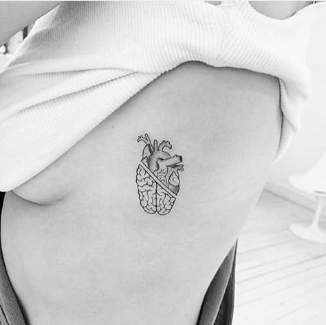 Fine Line Tattoo Heart Brain, Heart Tattoo With Color, Brain Tattoo Ideas Simple, Half Heart Half Brain Tattoo, Psychology Tattoo Minimalist, Stop Tattoo, Heart And Brain Tattoo, Psychology Tattoo, Red Tattoo Ideas