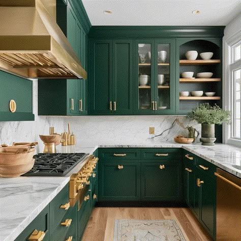 Green Kitchen Design | 45 Fresh and Inviting Ideas Emerald Green Small Kitchen, British Racing Green Kitchen Cabinets, Kelly Green Cabinets Kitchen, Green Cabinetry Kitchen, Emerald Green And Wood Kitchen, Green And Gold Kitchen Cabinets, Emerald Green Tile Kitchen, Bright Green Kitchen Cabinets, Small Kitchen Green Cabinets