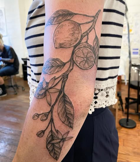 Lemon Arm Tattoo, Clementine Tree Tattoo, Filler Space Tattoo, Orange Tree Branch Tattoo, Mandarin Orange Tattoo, Fruit Tree Tattoo, Orange Branch Tattoo, Orange Tree Tattoo, Lemon Branch Tattoo