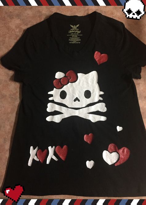 Women's t-shirt (hello kitty skull) Hello Kitty Bleach Shirt, Hello Kitty Shirt Aesthetic, Hello Kitty Shirts, Hello Kitty Skull, Y2k Hello Kitty Print Crew Neck Top, Hello Kitty Top, Emo Hello Kitty, Emo Shirt, Fitted Cute T-shirt With Hello Kitty Print