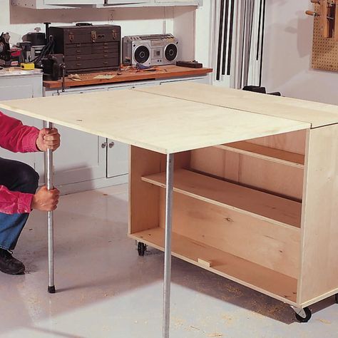 Diy Folding Table, Closet Workshop, Folding Table Top, Workbench With Storage, Fold Out Table, Folding Workbench, Diy Workbench, Workbench Plans, Large Shelves