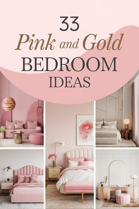 Pink and gold bedroom ideas create a luxurious and feminine retreat. Explore blush pink walls, gold accent furniture, and metallic bedding. Discover pink velvet headboards, gold-framed mirrors, and rose gold light fixtures. Find inspiration for pink and gold throw pillows, delicate gold wall decals, and plush pink carpets to design a dreamy and sophisticated sleeping space that combines softness with glamour. These ideas are perfect for creating a pink and gold bedroom aesthetic for teens, adults, or anyone who loves a touch of elegance. Blush And Gold Bedroom Ideas, Light Pink And Gold Room, White And Gold Bedroom Elegant, Champagne Bedroom Ideas Decor, Pink And Beige Room, Blush Pink And Gold Bedroom, Gold Bedroom Accents, Pink Headboard Bedroom Ideas, Modern Glam Bedroom Decor