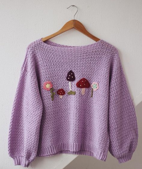 Crochet Mushroom Sweater, Cottagecore Crochet Pattern, Sweatshirt Crochet, Funky Crochet, Crochet Cottagecore, Mushroom Sweater, Cottagecore Crochet, Crochet Garden, Mushroom Garden