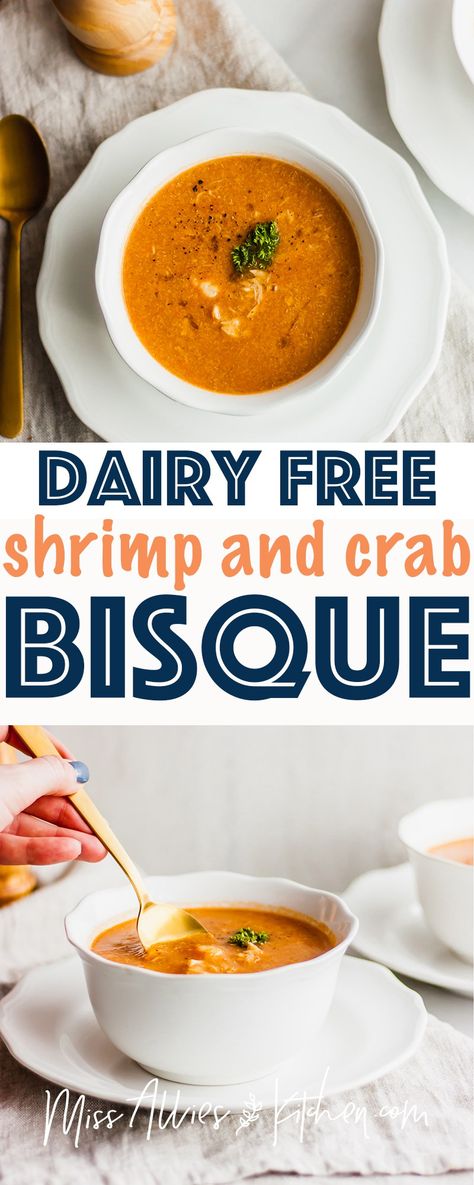 Dairy Free Shrimp and Crab Bisque - one of the most decadent dairy free recipes you can make. This bisque can be a side dish or a meal! We use coconut milk and tomato paste to create a rich color and flavor. This would be the perfect entertaining recipe and makes a great healthy soup option chock full of seafood! #dairyfree #seafood #shrimp #crab #bisque #dairyfreebisque #glutenfree #soup Shrimp And Crab Bisque, Seafood Bisque Recipe, Seafood Soups, Shrimp Bisque, Bisque Soup, Seafood Shrimp, Dairy Recipes, Crab Bisque, Seafood Bisque