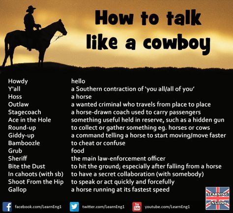 How to talk like a cowboy Cowboy Rules To Live By, Cowboy Story Prompts, Cowboy Slang Words, Cowboy Nicknames, Wild West Writing Prompts, Cowboy Writing Prompts, Western Writing Prompts, Cowboy Prompts, Western Phrases