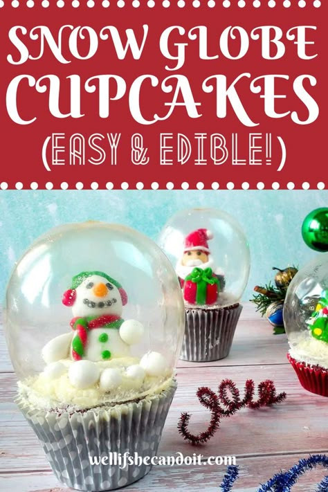 Take your Christmas cupcakes to the next level with this awesome and easy decorating trick! These adorable snow globes are easier to make then you might think, and they're completely edible. Make them for your next Christmas party! Christmas Cupcakes Snowglobe, Snow Globe Dessert, Cupcake Snow Globe, Isomalt Snow Globe Cookies, Snow Globe Cupcakes Gelatin Bubbles, Snowglobe Christmas Cookies, Snow Globe Cookies How To Make, Easy Christmas Cupcakes For Kids, Snow Globe Christmas Cake